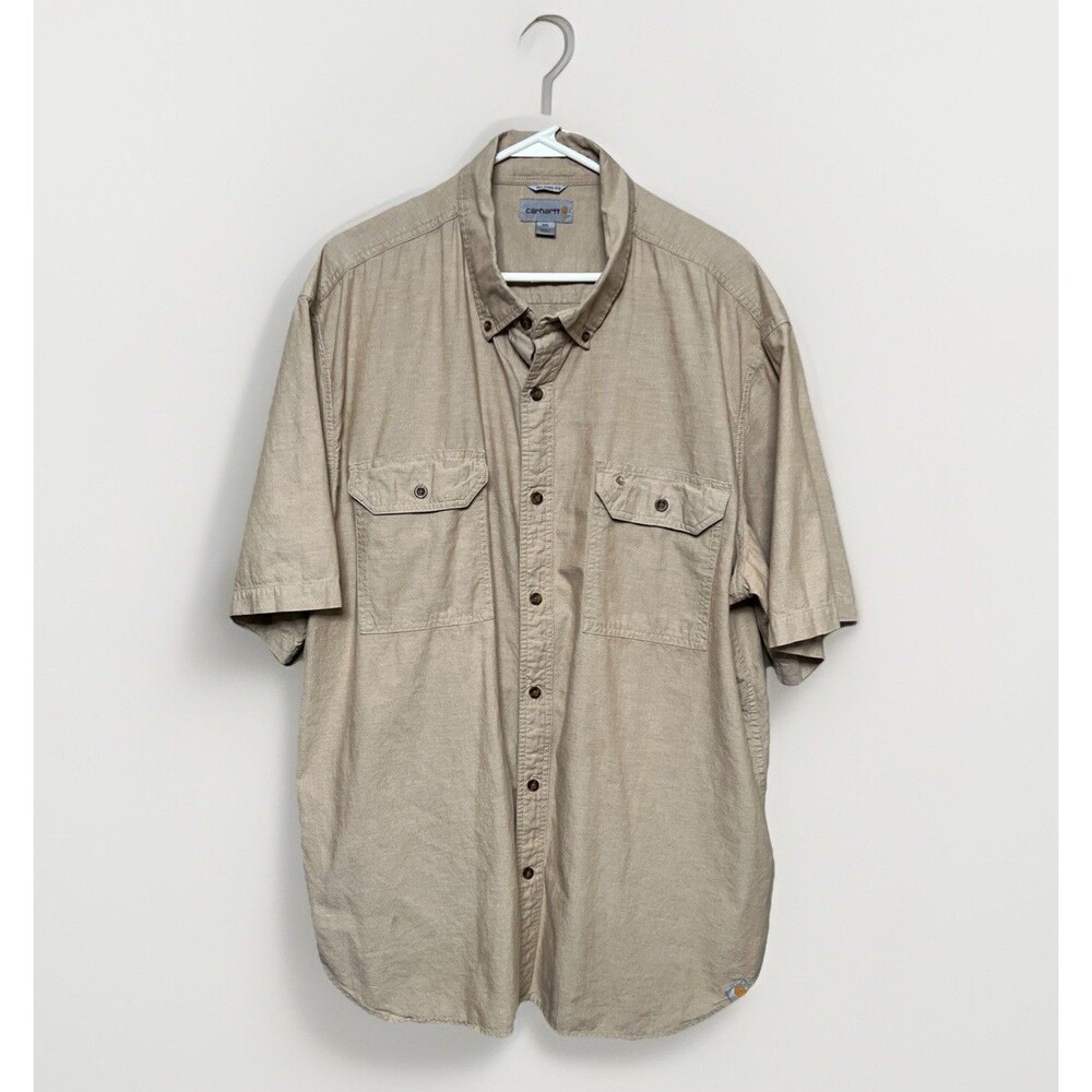 Carhartt button down short sleeve Relaxed Fit Size 2XL Beige Tan Pockets